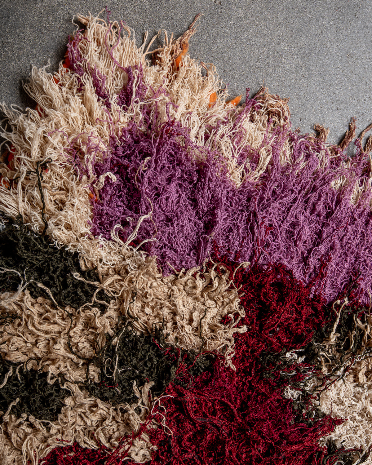 Modern designer vintage handcrafted Berber rug from Morocco. Boucherouite with beautiful colors and patterns.